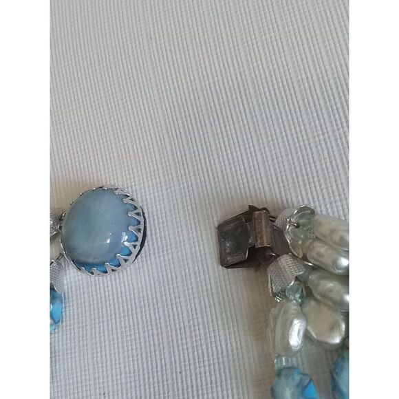 Vintage Light Blue & Silver Leaf Shaped Beads Multi Strand Choker Style Necklace - Picture 8 of 10